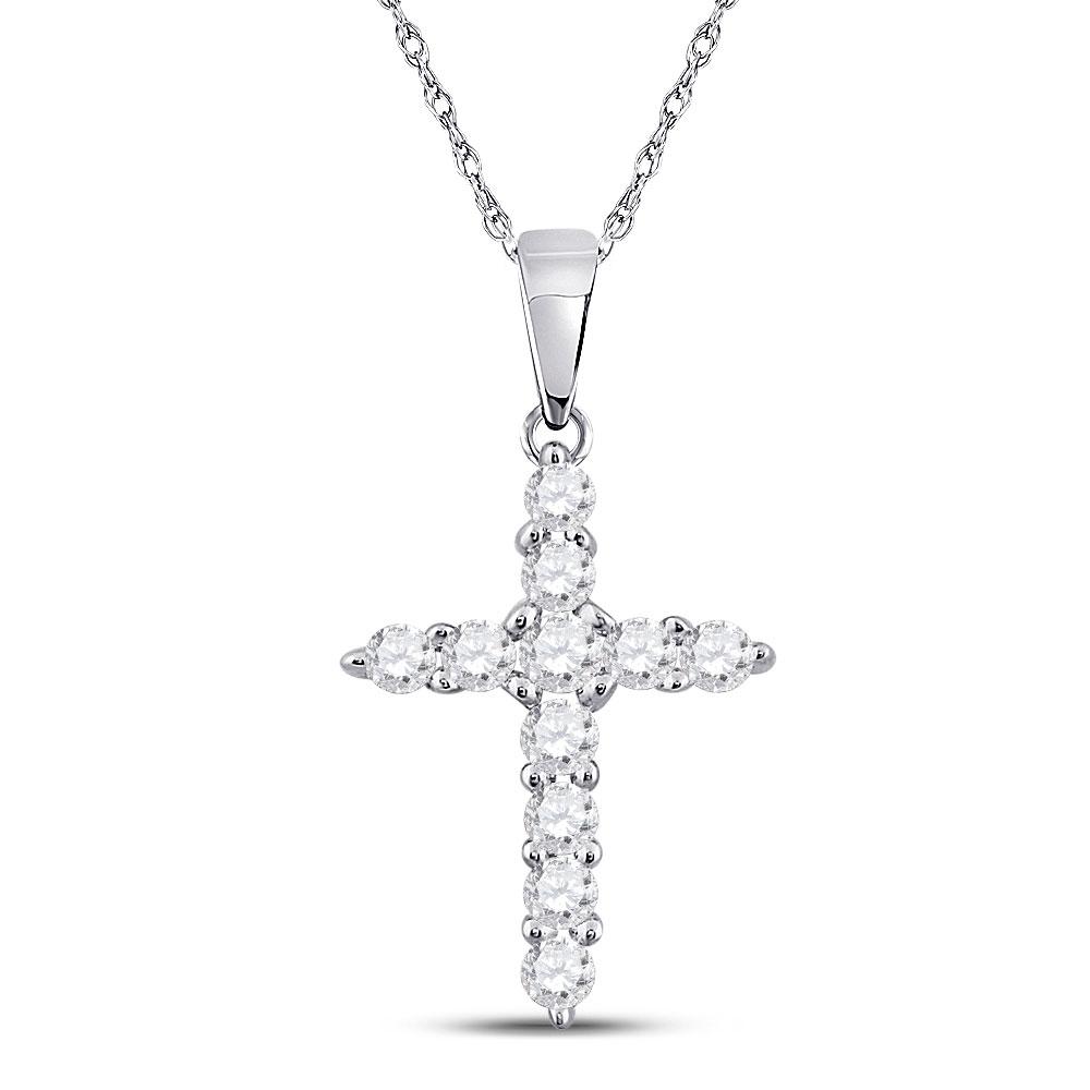 Diamond Cross Pendant | 14kt White Gold Womens Round Diamond Cross Religious Pendant 1/4 Cttw | Splendid Jewellery GND