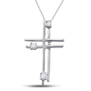 Diamond Cross Pendant | 14kt White Gold Womens Round Diamond Layered Cross Religious Pendant 1/20 Cttw | Splendid Jewellery GND