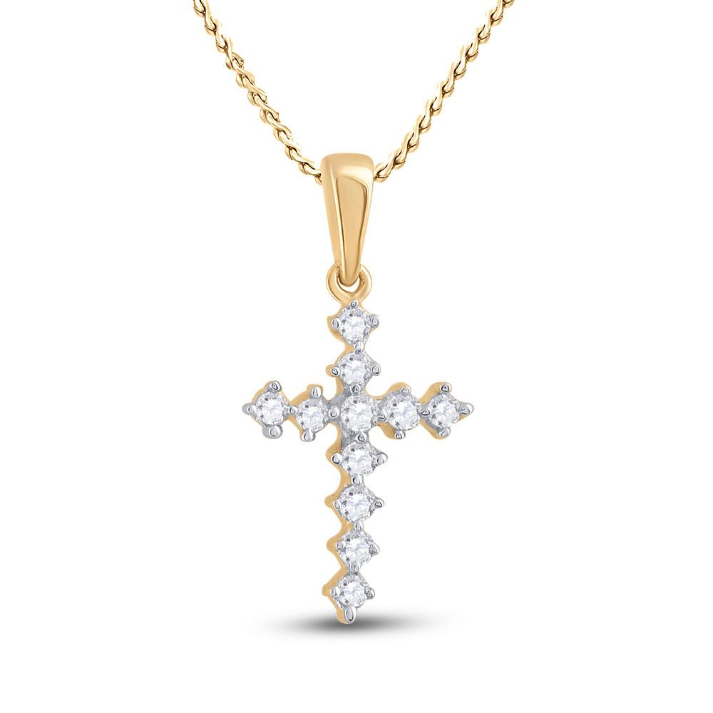 Diamond Cross Pendant | 14kt Yellow Gold Womens Round Diamond Cross Pendant 1/10 Cttw | Splendid Jewellery GND