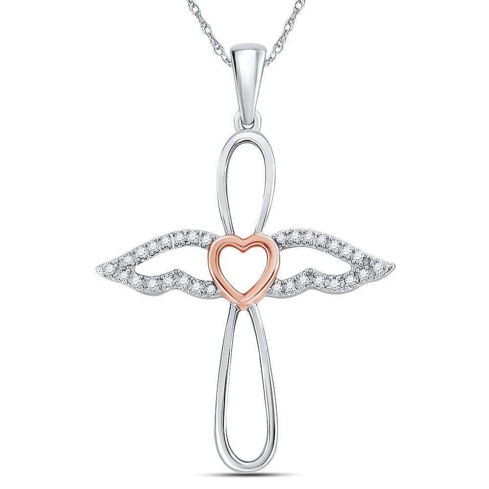 Diamond Cross Pendant | Sterling Silver Rose-tone Womens Round Diamond Angel Cross Pendant 1/8 Cttw | Splendid Jewellery GND