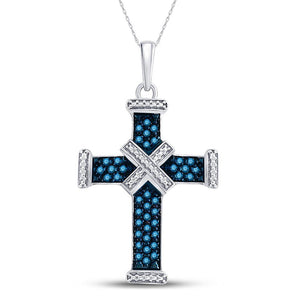 Diamond Cross Pendant | Sterling Silver Womens Round Blue Color Enhanced Diamond Bound Roman Cross Pendant 1/4 Cttw | Splendid Jewellery GND