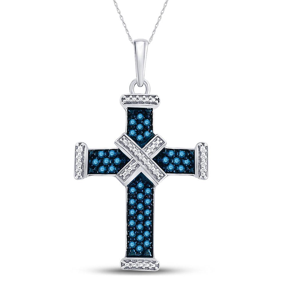 Diamond Cross Pendant | Sterling Silver Womens Round Blue Color Enhanced Diamond Bound Roman Cross Pendant 1/4 Cttw | Splendid Jewellery GND