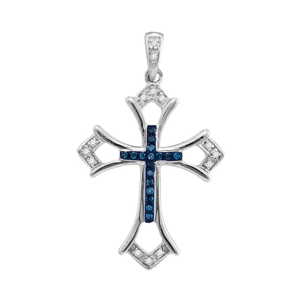 Diamond Cross Pendant | Sterling Silver Womens Round Blue Color Enhanced Diamond Cross Pendant 1/10 Cttw | Splendid Jewellery GND