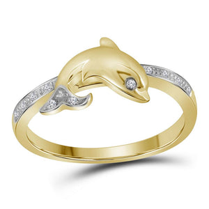 Diamond Dolphin Ring | 10kt Yellow Gold Womens Round Diamond Slender Dolphin Animal Fish Ring 1/20 Cttw | Splendid Jewellery GND