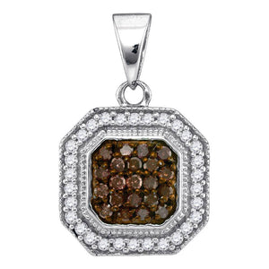 Diamond Fashion Pendant | 10kt White Gold Womens Round Brown Diamond Octagon Cluster Pendant 1/3 Cttw | Splendid Jewellery GND