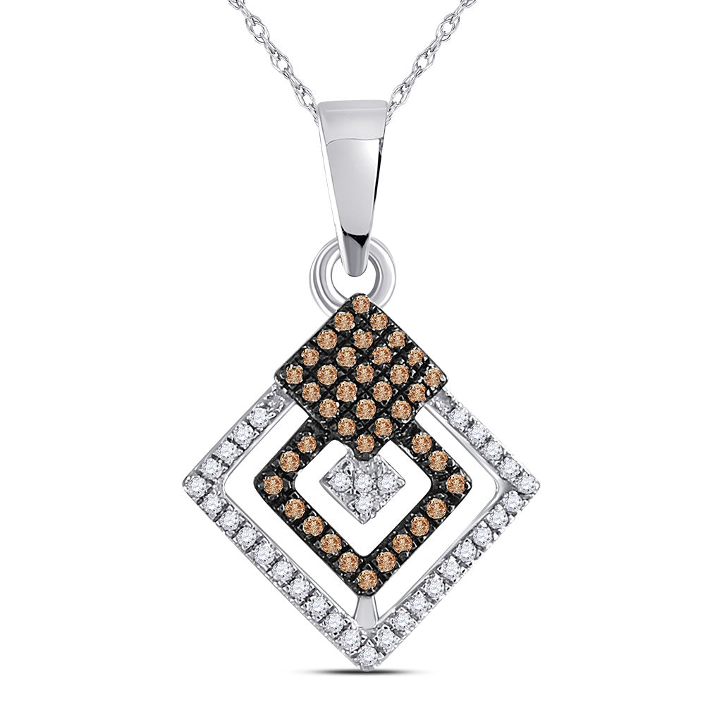 Diamond Fashion Pendant | 10kt White Gold Womens Round Brown Diamond Square Pendant 1/4 Cttw | Splendid Jewellery GND