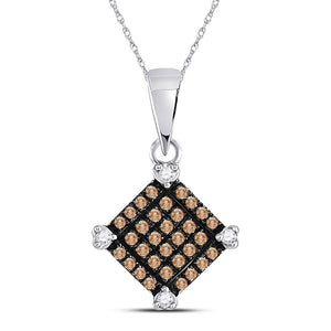 Diamond Fashion Pendant | 10kt White Gold Womens Round Brown Diamond Square Pendant 1/6 Cttw | Splendid Jewellery GND