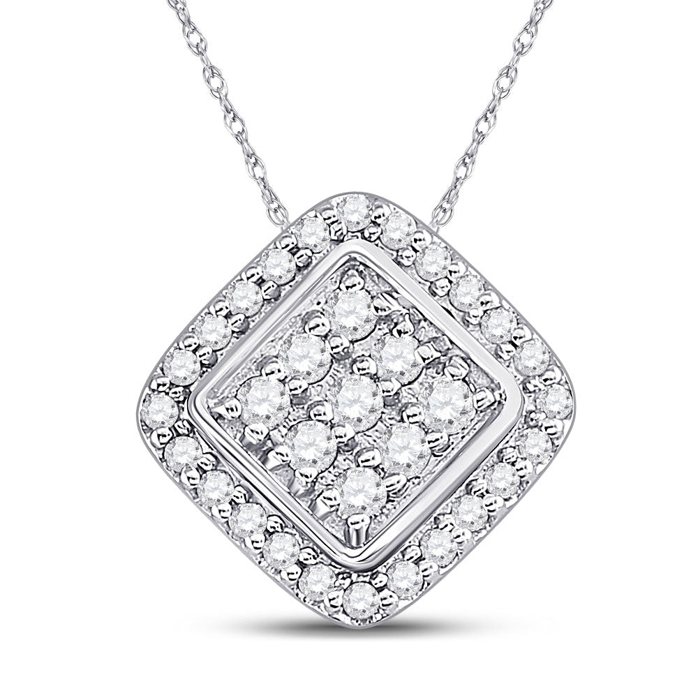 Diamond Fashion Pendant | 10kt White Gold Womens Round Diamond Diagonal Square Frame Cluster Pendant 1/4 Cttw | Splendid Jewellery GND