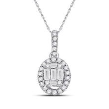 Load image into Gallery viewer, Radiant Brilliance: 14kt White Gold Baguette Diamond Oval Pendant 1/3 Cttw - Top View