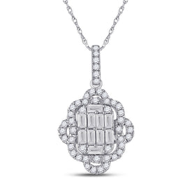Radiant Diamond Quatrefoil Cluster Pendant - 14kt White Gold Women's Baguette Diamond Necklace - Top View