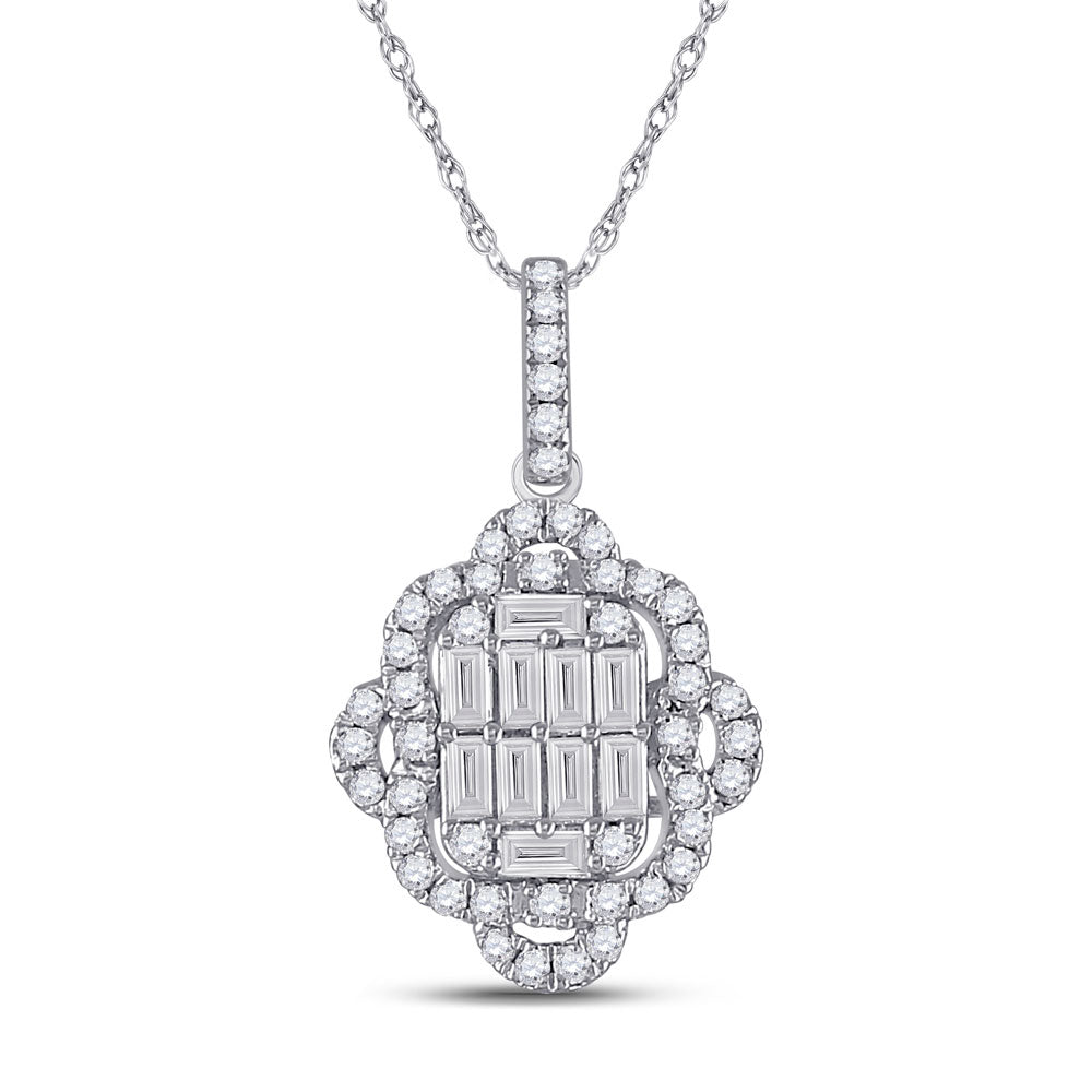 Diamond Fashion Pendant | 14kt White Gold Womens Baguette Diamond Quatrefoil Cluster Pendant 5/8 Cttw | Splendid Jewellery GND