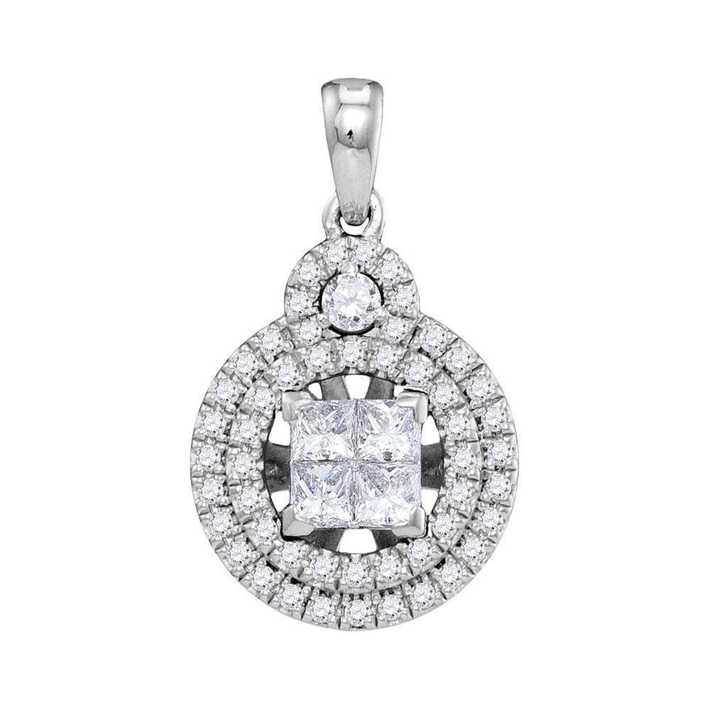 Diamond Fashion Pendant | 14kt White Gold Womens Princess Diamond Cluster Circle Frame Pendant 7/8 Cttw | Splendid Jewellery GND
