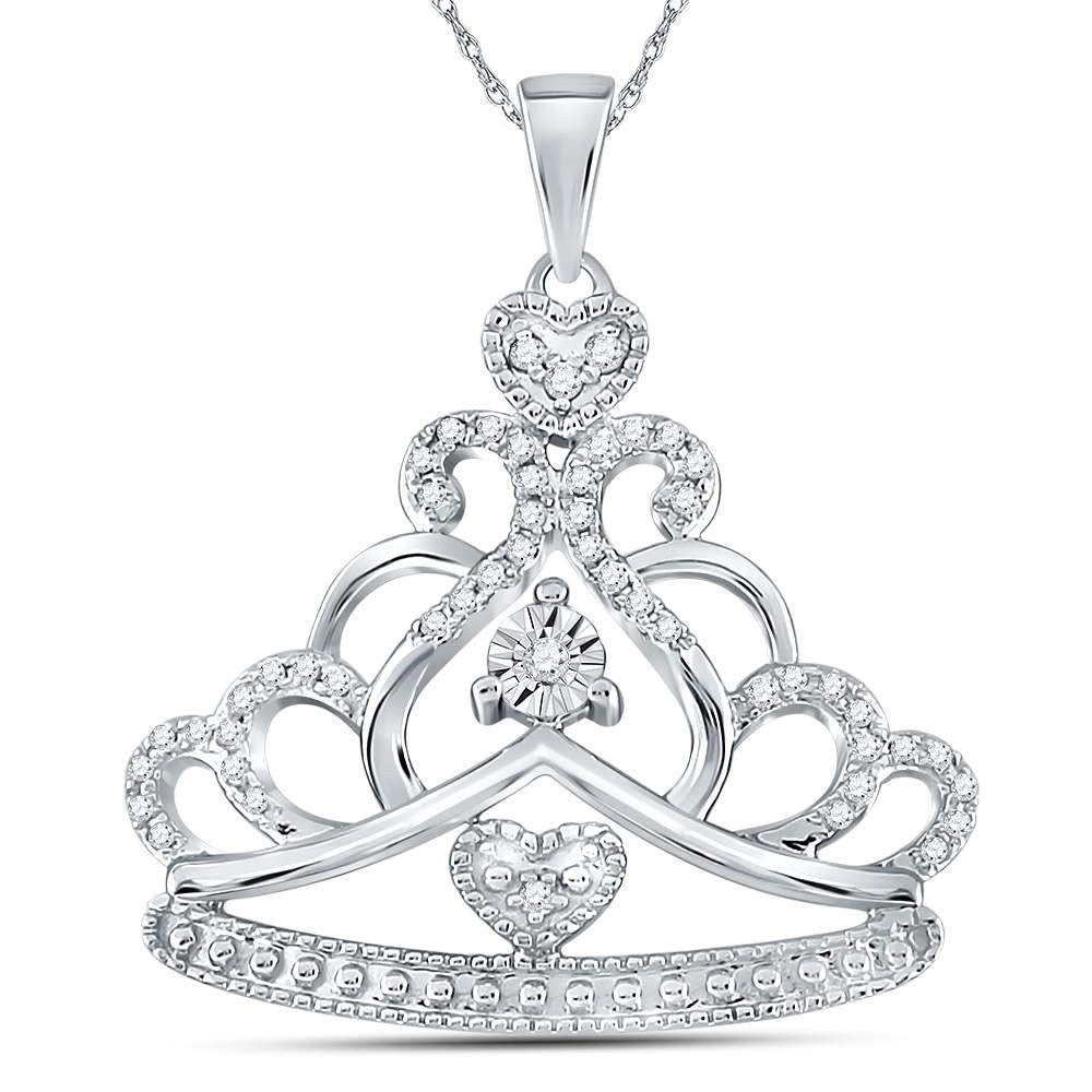 Diamond Fashion Pendant | 14kt White Gold Womens Round Diamond Crown Tiara Fashion Pendant 1/6 Cttw | Splendid Jewellery GND