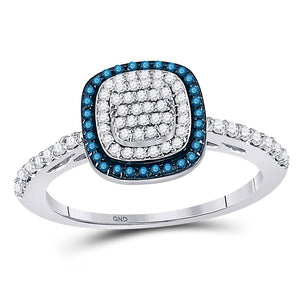 Diamond Fashion Ring | 10k White Gold Womens Blue Color Enhanced Diamond Square-shape Cluster Ring 3/8 Cttw | Splendid Jewellery GND