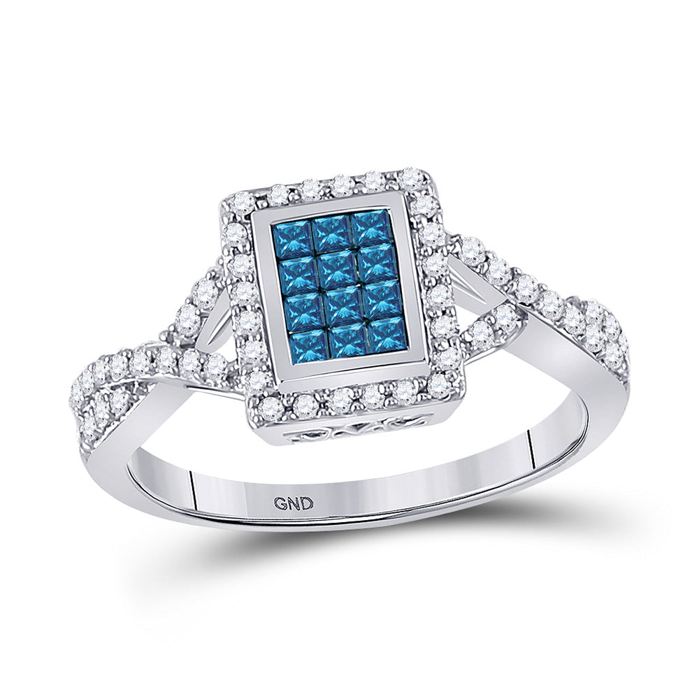 Diamond Fashion Ring | 10kt White Gold Womens Princess Blue Color Enhanced Diamond Cluster Ring 1/2 Cttw | Splendid Jewellery GND