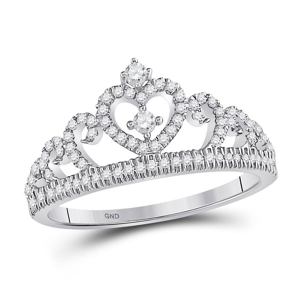 Diamond Fashion Ring | 10kt White Gold Womens Round Diamond Heart Crown Ring 1/4 Cttw | Splendid Jewellery GND