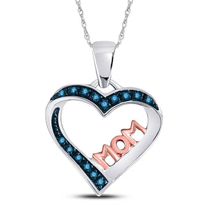 Diamond For Mom Pendant | Sterling Silver Womens Round Blue Color Enhanced Diamond Heart Mom Pendant 1/10 Cttw | Splendid Jewellery GND