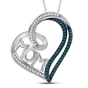 Diamond For Mom Pendant | Sterling Silver Womens Round Color Enhanced Blue Diamond Mom Heart Pendant 1/5 Cttw | Splendid Jewellery GND