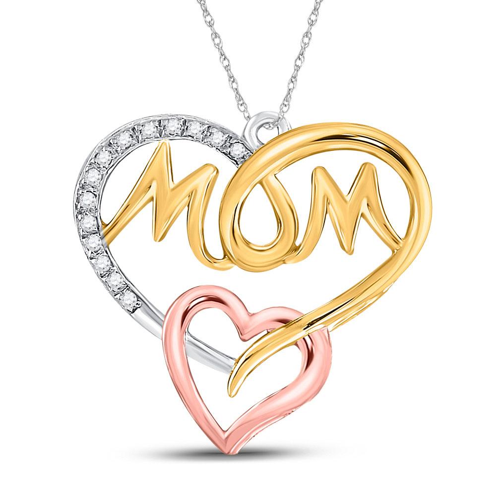 Diamond For Mom Pendant | Sterling Silver Womens Round Diamond Tri-tone Mom Mother Heart Pendant 1/20 Cttw | Splendid Jewellery GND