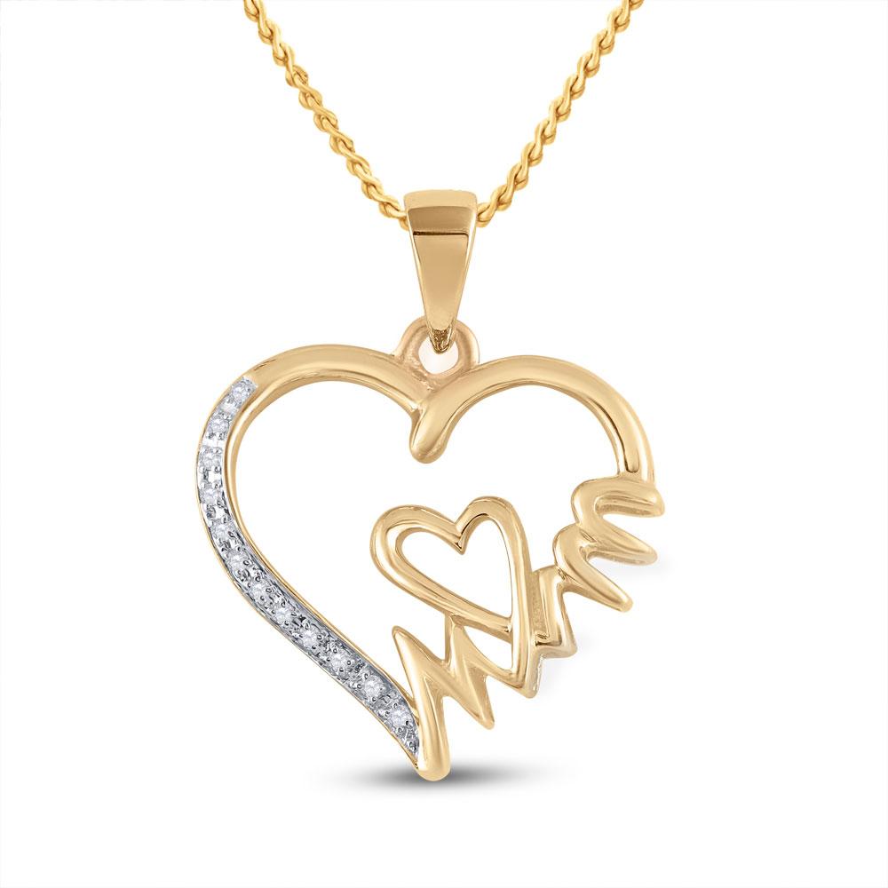 Diamond For Mom Pendant | Yellow-tone Sterling Silver Womens Round Diamond Mom Heart Pendant 1/20 Cttw | Splendid Jewellery GND