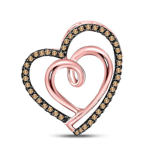 Diamond Heart & Love Symbol Pendant | 10kt Rose Gold Womens Round Brown Diamond Double Heart Pendant 1/6 Cttw | Splendid Jewellery GND