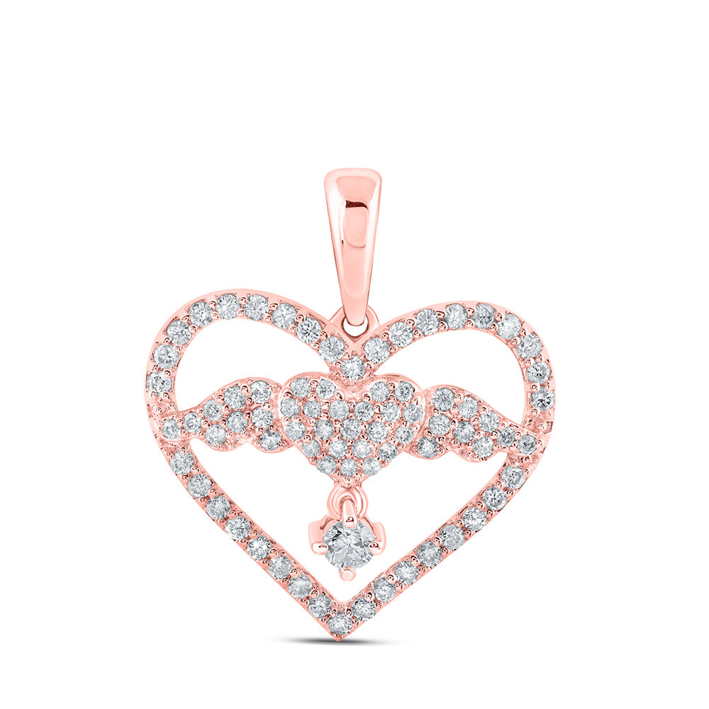 Diamond Heart & Love Symbol Pendant | 10kt Rose Gold Womens Round Diamond Angel Heart Pendant 5/8 Cttw | Splendid Jewellery GND