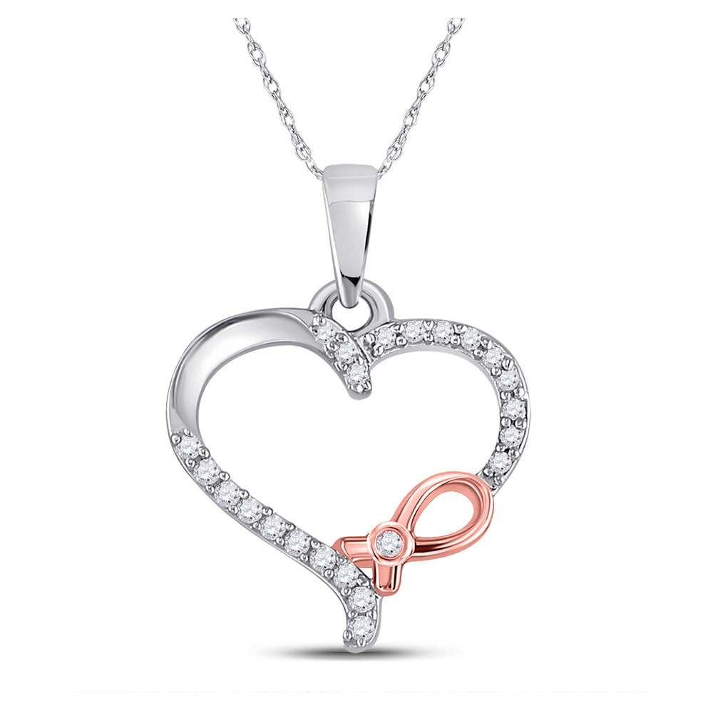 Diamond Heart & Love Symbol Pendant | 10kt Two-tone Gold Womens Round Diamond Awareness Ribbon Heart Pendant 1/10 Cttw | Splendid Jewellery GND