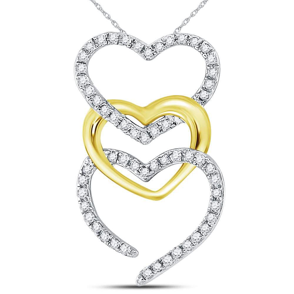 Diamond Heart & Love Symbol Pendant | 10kt Two-tone Gold Womens Round Diamond Triple Cascading Heart Pendant 1/6 Cttw | Splendid Jewellery GND