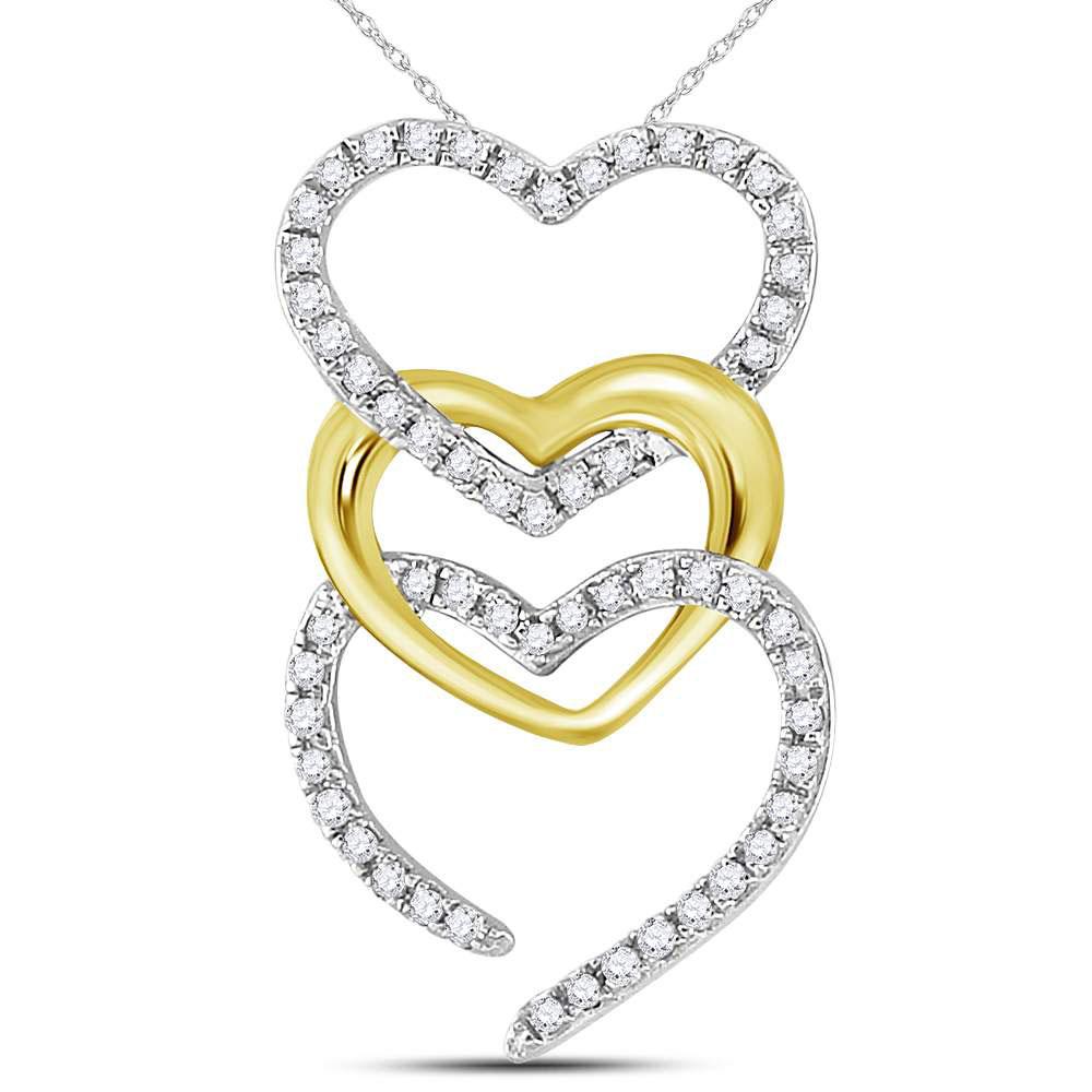 Diamond Heart & Love Symbol Pendant | 10kt Two-tone Gold Womens Round Diamond Triple Vertical Heart Pendant 1/6 Cttw | Splendid Jewellery GND