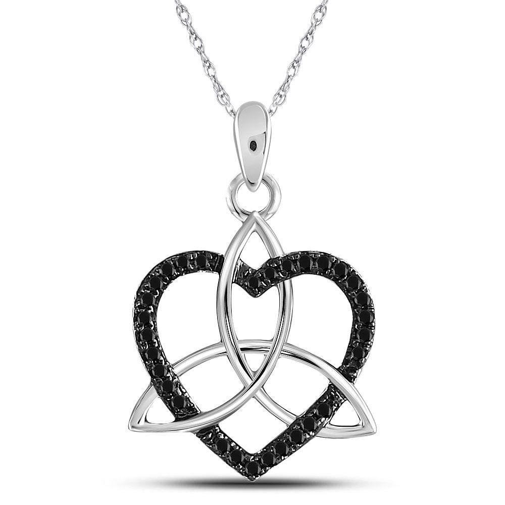Diamond Heart & Love Symbol Pendant | 10kt White Gold Womens Round Black Color Enhanced Diamond Triquetra Heart Pendant 1/10 Cttw | Splendid Jewellery GND