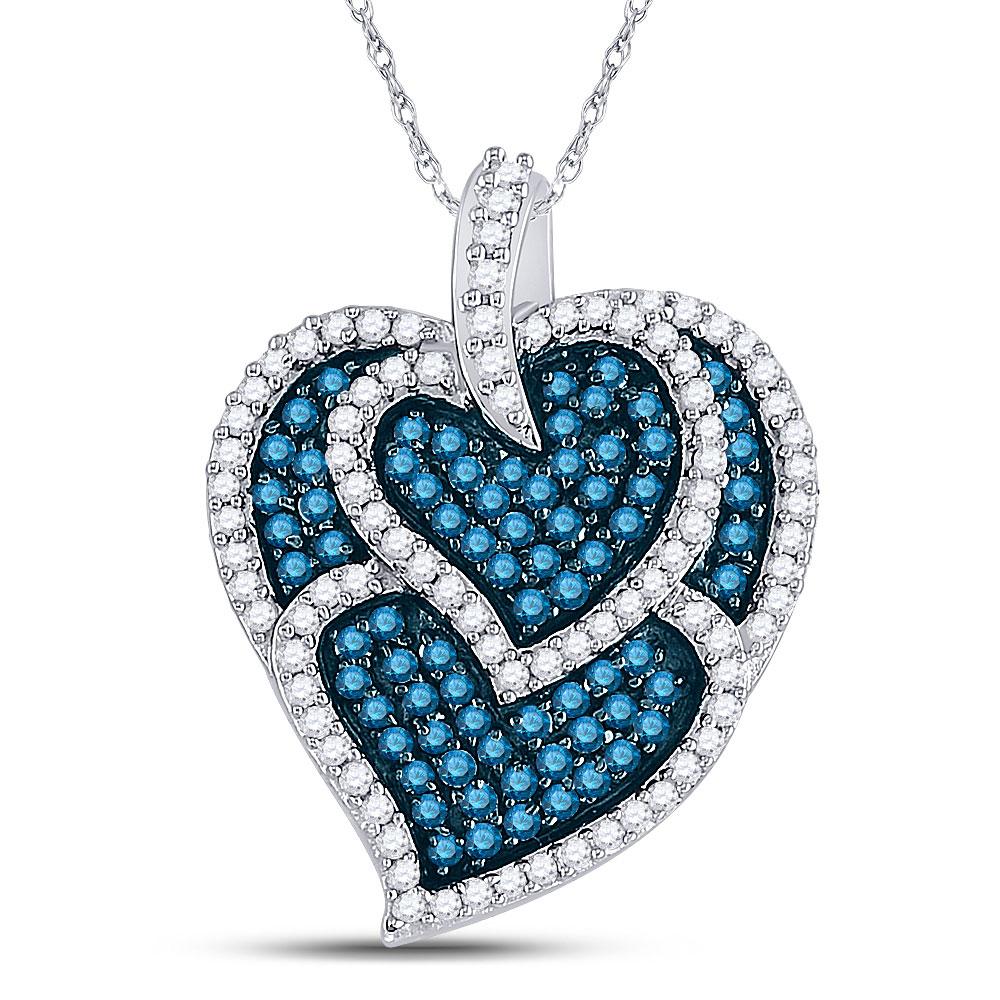 Diamond Heart & Love Symbol Pendant | 10kt White Gold Womens Round Blue Color Enhanced Diamond Tripled Heart Outline Pendant 1 Cttw | Splendid Jewellery GND