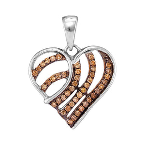 Diamond Heart & Love Symbol Pendant | 10kt White Gold Womens Round Brown Diamond Striped Heart Pendant 1/4 Cttw | Splendid Jewellery GND