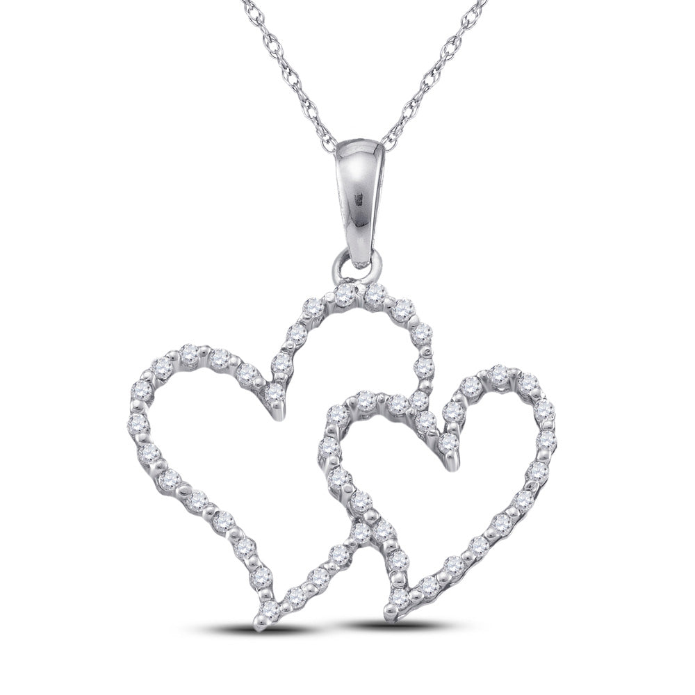 Diamond Heart & Love Symbol Pendant | 10kt White Gold Womens Round Diamond Double Heart Pendant 1/6 Cttw | Splendid Jewellery GND