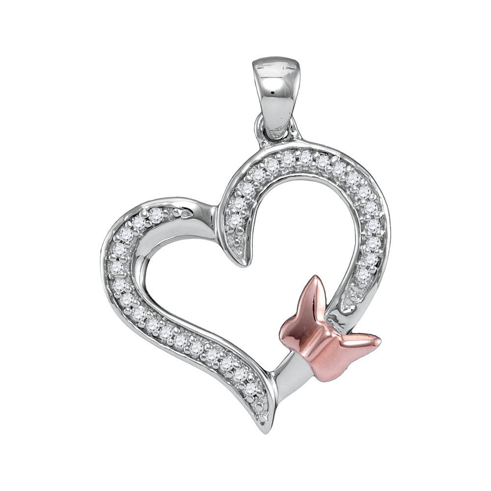 Diamond Heart & Love Symbol Pendant | 10kt White Gold Womens Round Diamond Heart Rose-tone Butterfly Bug Pendant 1/10 Cttw | Splendid Jewellery GND