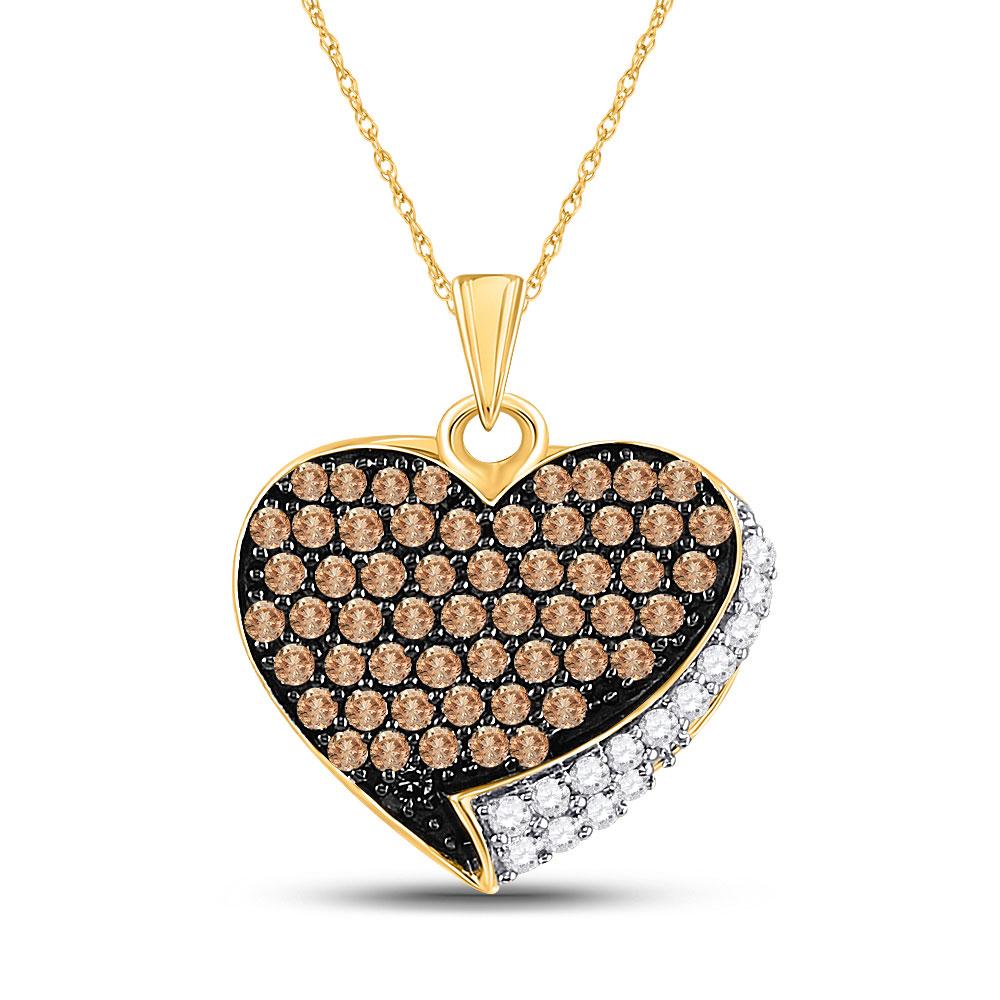 Diamond Heart & Love Symbol Pendant | 10kt Yellow Gold Womens Round Brown Diamond Heart Pendant 7/8 Cttw | Splendid Jewellery GND