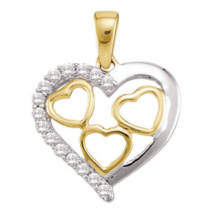 Diamond Heart & Love Symbol Pendant | 10kt Yellow Gold Womens Round Diamond Two-tone Nested Heart Pendant 1/5 Cttw | Splendid Jewellery GND