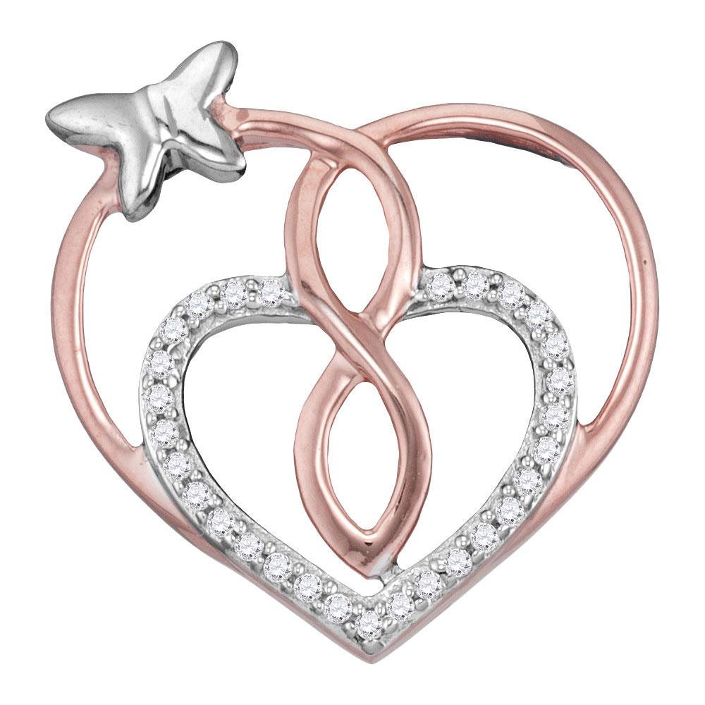 Diamond Heart & Love Symbol Pendant | Rose-tone Sterling Silver Womens Round Diamond Heart Butterfly Pendant 1/10 Cttw | Splendid Jewellery GND