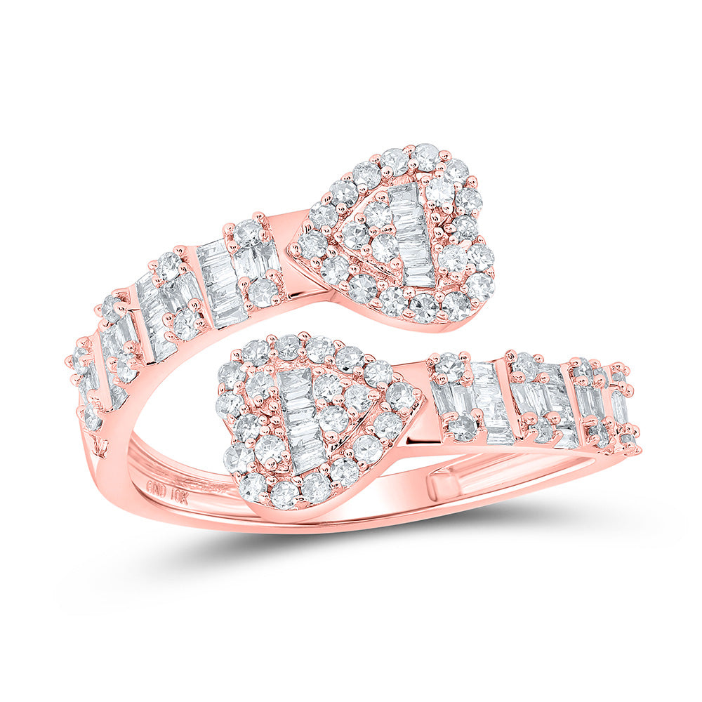 Diamond Heart Ring | 10kt Rose Gold Womens Baguette Diamond Cuff Bypass Heart Ring 5/8 Cttw | Splendid Jewellery GND