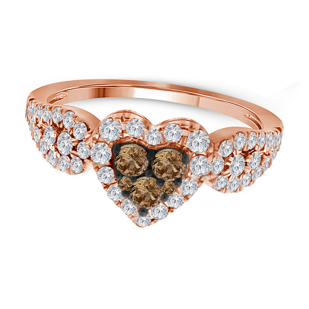Diamond Heart Ring | 10kt Rose Gold Womens Round Brown Diamond Heart Cluster Ring 3/4 Cttw | Splendid Jewellery GND