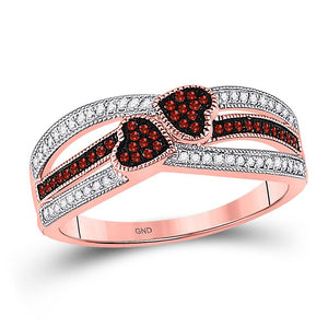 Diamond Heart Ring | 10kt Rose Gold Womens Round Red Color Enhanced Diamond Double Heart Striped Ring 1/5 Cttw | Splendid Jewellery GND