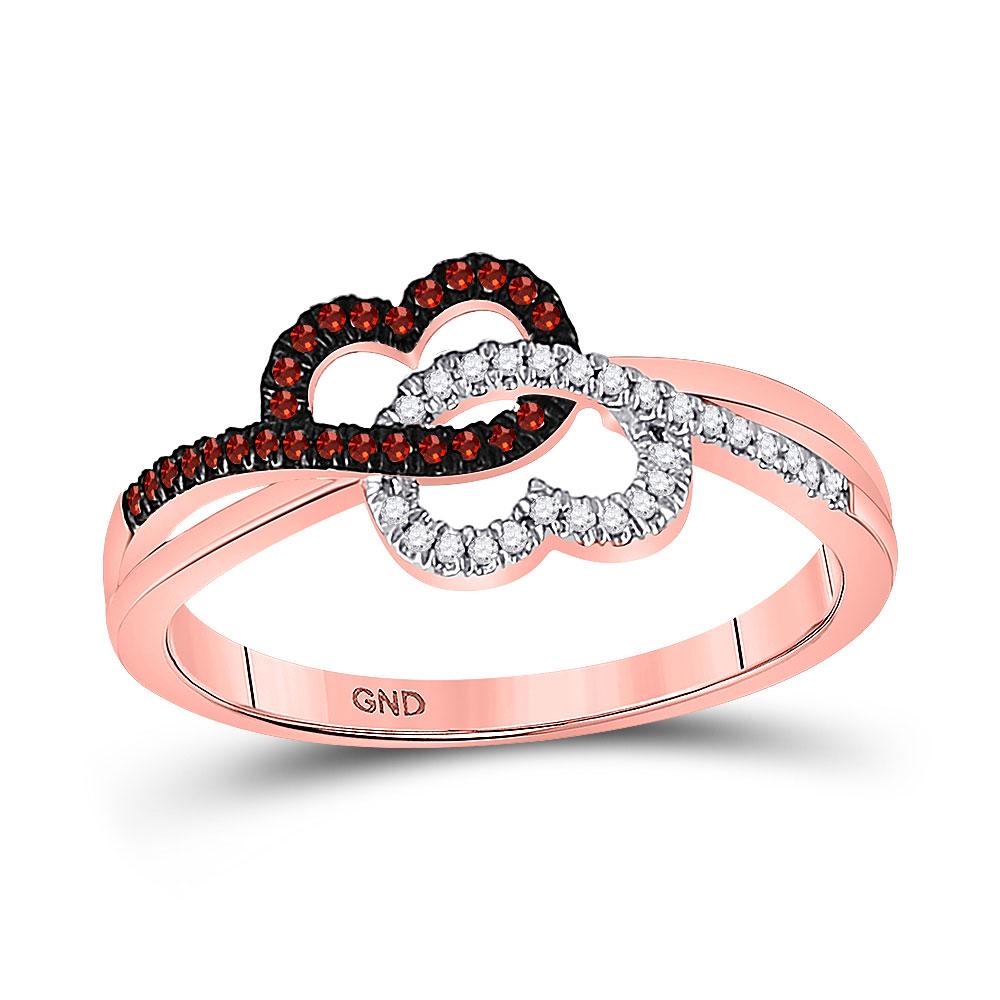 Diamond Heart Ring | 10kt Rose Gold Womens Round Red Color Enhanced Diamond Double Linked Heart Ring 1/6 Cttw | Splendid Jewellery GND