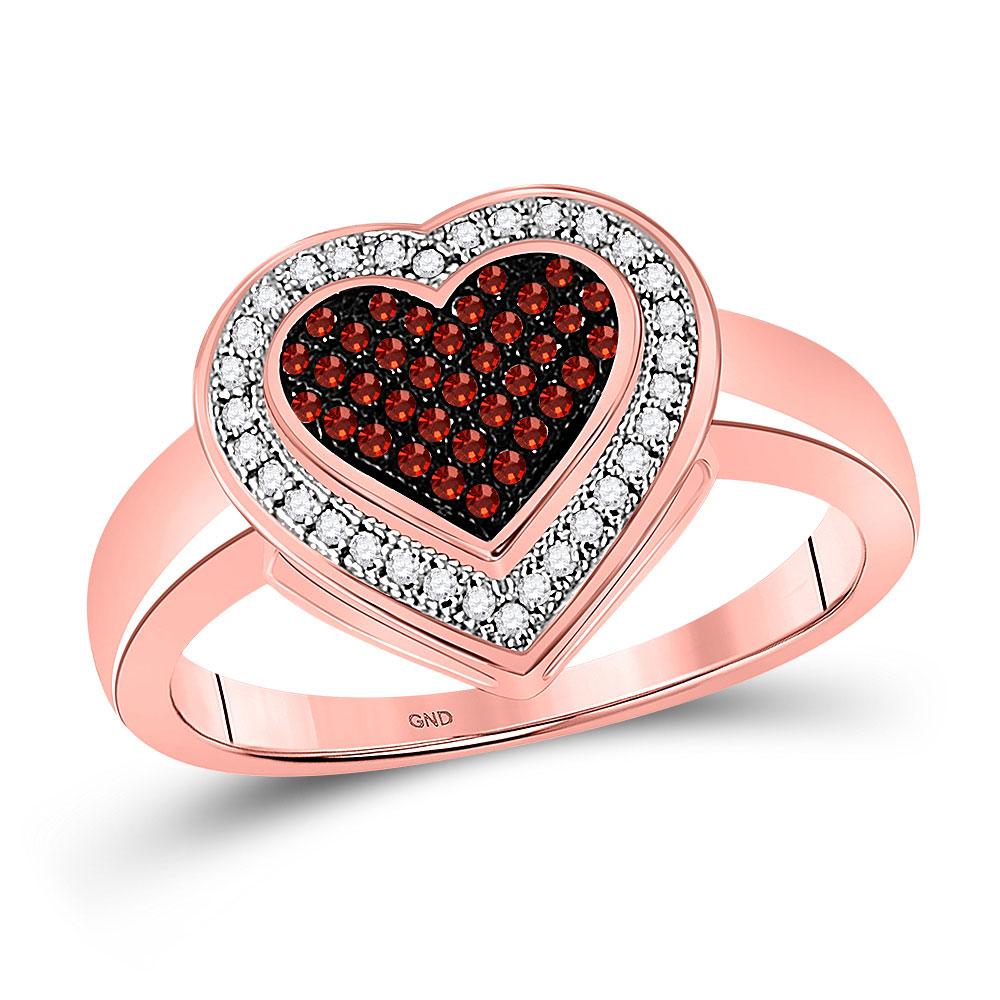 Diamond Heart Ring | 10kt Rose Gold Womens Round Red Color Enhanced Diamond Halo Heart Cluster Ring 1/5 Cttw | Splendid Jewellery GND