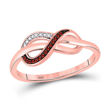 Load image into Gallery viewer, Ravishing Ruby Infinity Diamond Heart Ring | 10kt Rose Gold Womens Round Red Color Enhanced Diamond Ring 1/20 Cttw | Splendid Jewellery Top View from Splendid Jewellery
