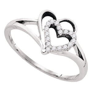 Diamond Heart Ring | 10kt White Gold Womens Round Diamond Double Nested Heart Ring 1/8 Cttw | Splendid Jewellery GND