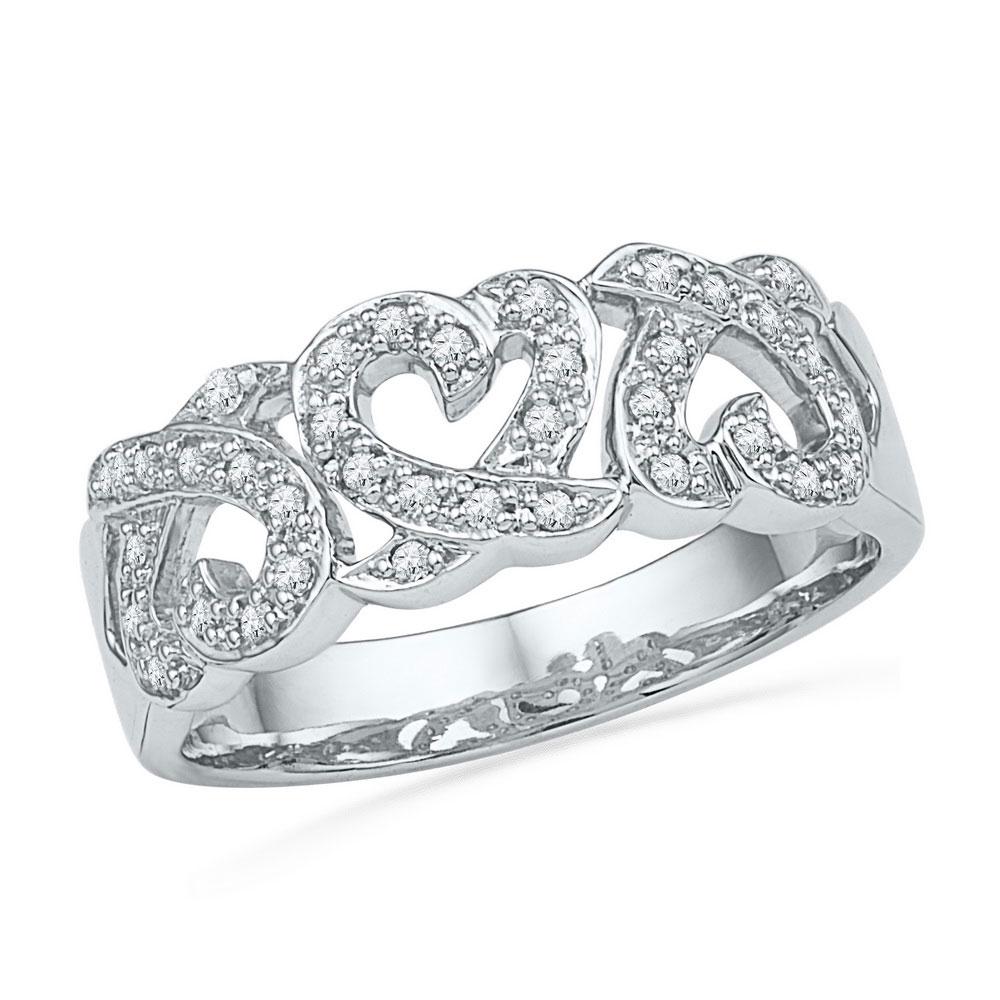 Diamond Heart Ring | 10kt White Gold Womens Round Diamond Triple Heart Band Ring 1/5 Cttw | Splendid Jewellery GND