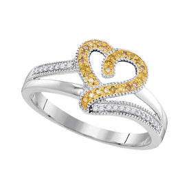 Radiant Yellow Diamond Heart Ring | 10kt White Gold Womens Round Yellow Color Enhanced Diamond Heart Ring 1/8 Cttw | Splendid Jewellery Top View from Splendid Jewellery