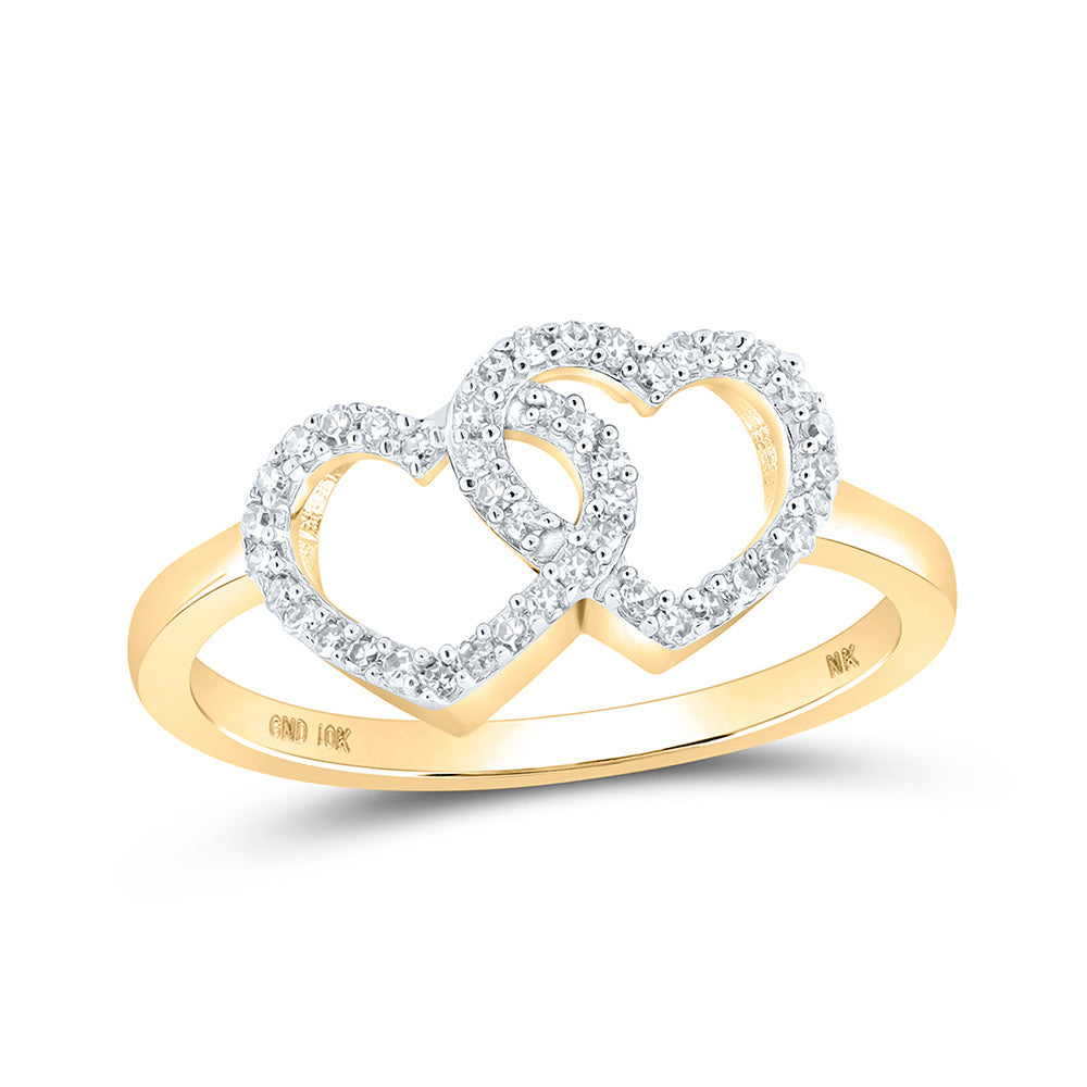 Diamond Heart Ring | 10kt Yellow Gold Womens Round Diamond Double Heart Ring 1/5 Cttw | Splendid Jewellery GND