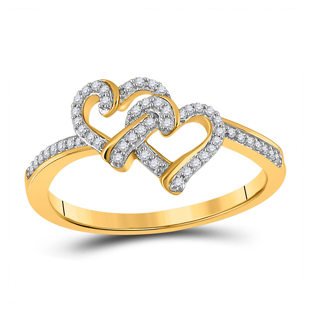 Diamond Heart Ring | 10kt Yellow Gold Womens Round Diamond Double Heart Ring 1/8 Cttw | Splendid Jewellery GND