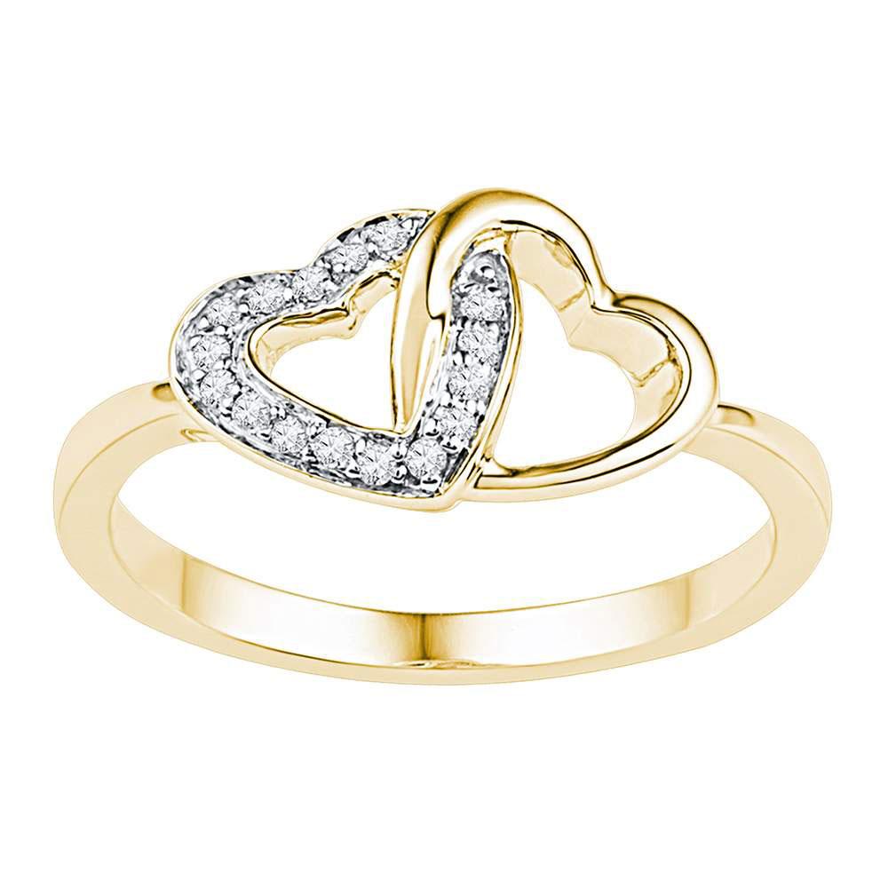 Diamond Heart Ring | 10kt Yellow Gold Womens Round Diamond Double Locked Heart Ring 1/12 Cttw | Splendid Jewellery GND