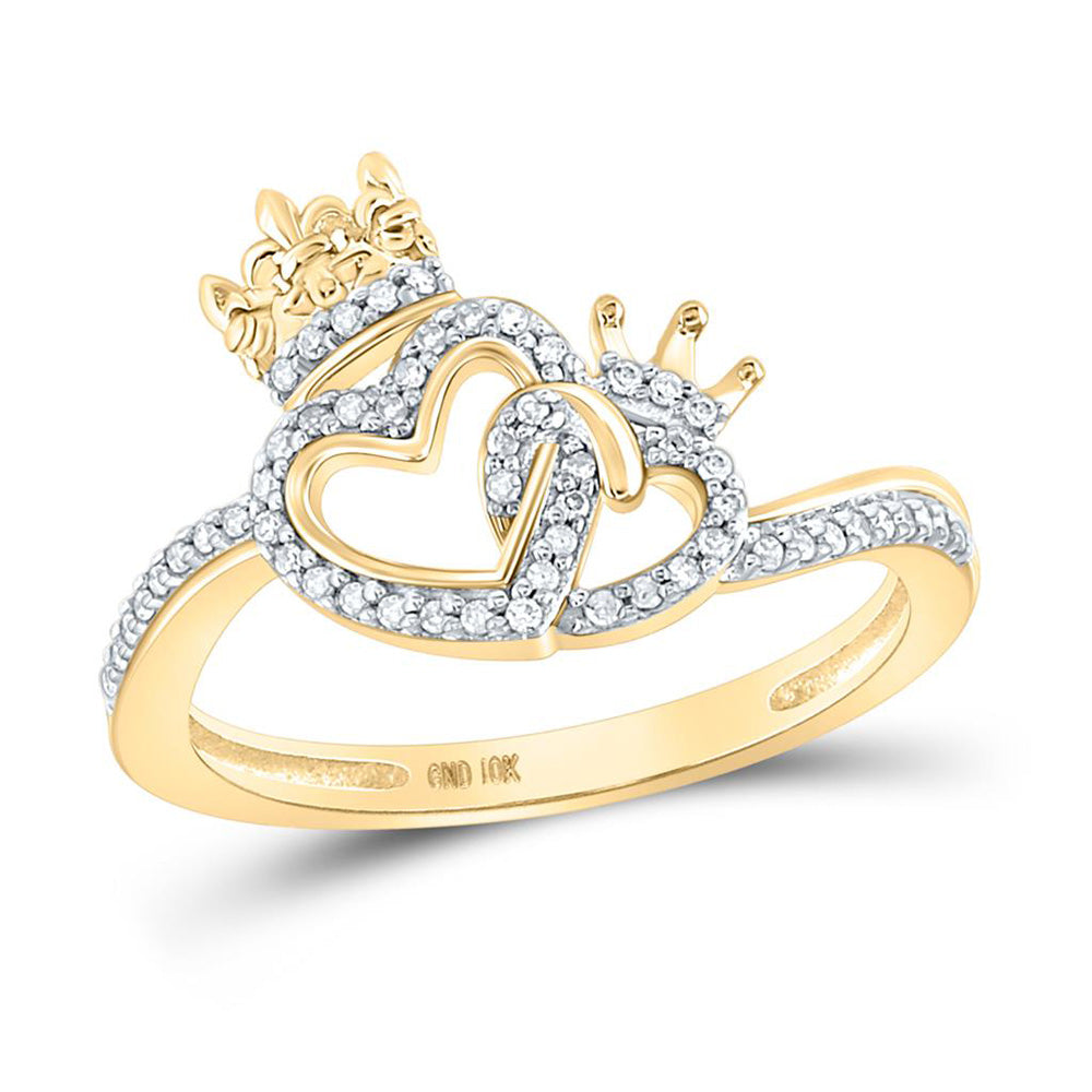 Diamond Heart Ring | 10kt Yellow Gold Womens Round Diamond King Queen Heart Ring 1/6 Cttw | Splendid Jewellery GND